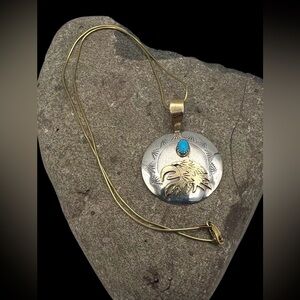Signed Navajo 12k GF Sterling Silver Turquoise Eagle Two Tone Pendant Necklace